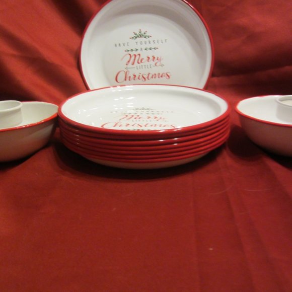 ENAMEL CHRISTMAS DINING SET, 10 ITEMS, PLATES W/CANDLES TO MATCH - Picture 2 of 8